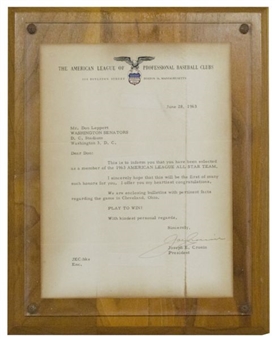 Joe Cronin Signed Letter To Don Leppert Informing Him That He Was Selected to the 1963 American League All-Star Team